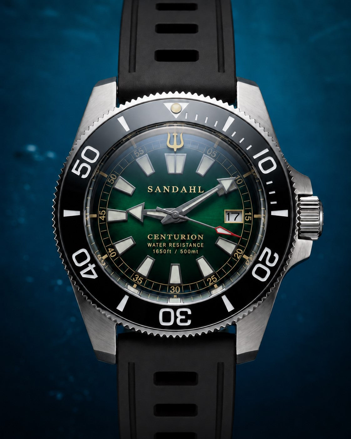 SANDAHL CENTURION Trench Green with a green dial and black ventilated silicone strap, viewed from the front.