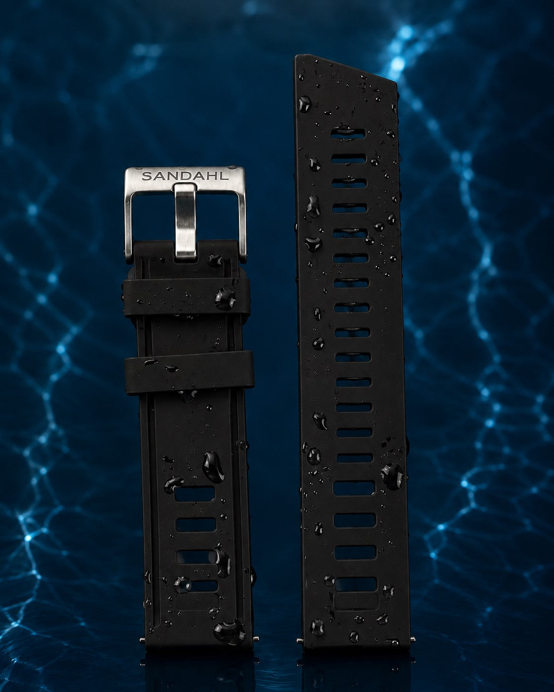 Black ventilated silicone strap and SANDAHL-engraved steel buckle for CENTURION Trench Green.