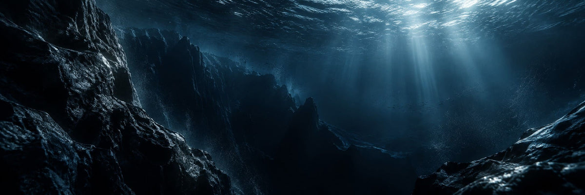 Sunlight filtering through deep blue water above underwater rocks.
