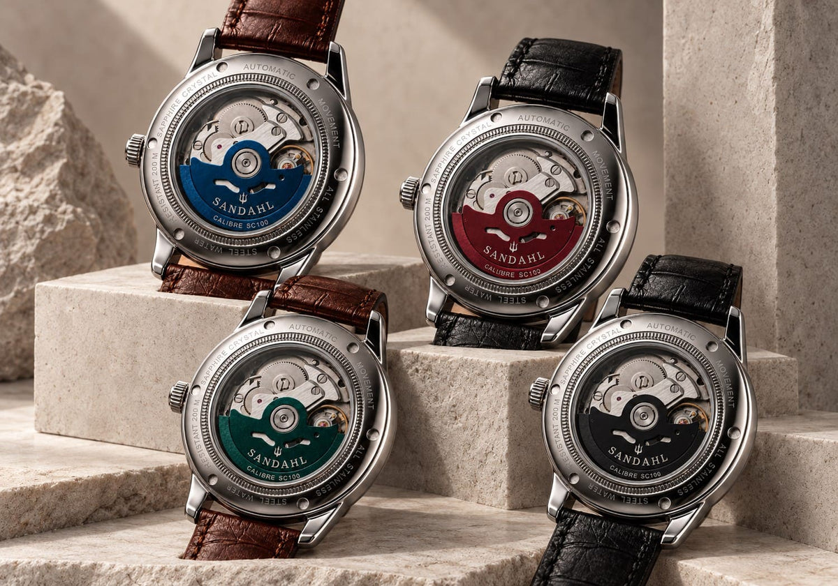 SANDAHL ORNATUS collection with exhibition casebacks revealing the Calibre SC100 automatic movements and color-matched rotors.
