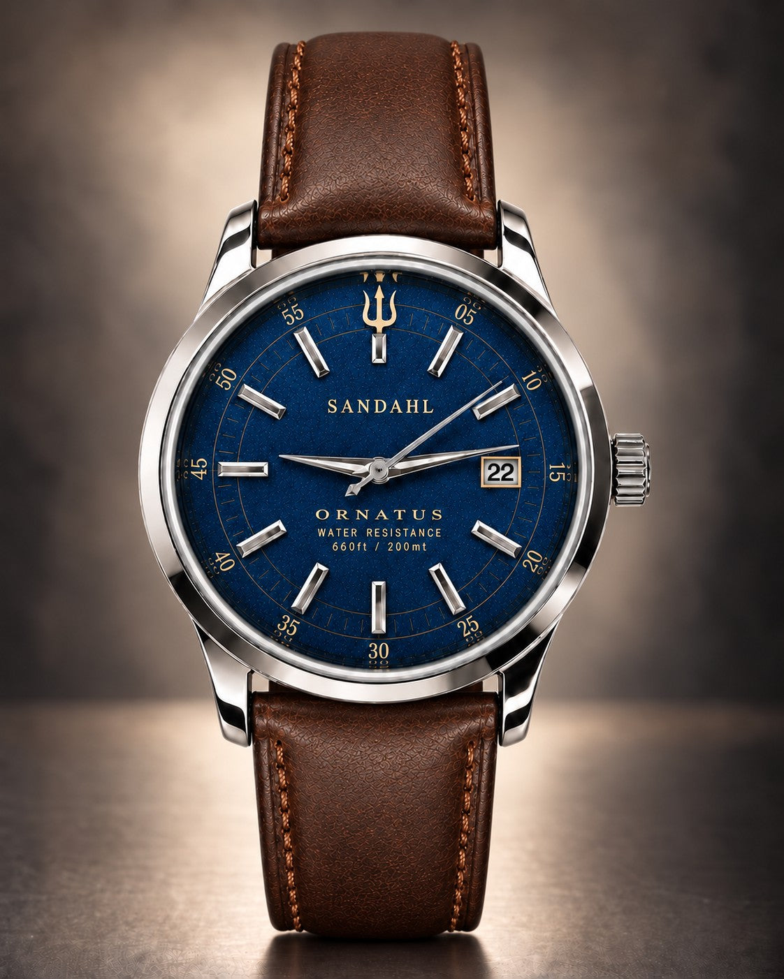 Front view of the SANDAHL ORNATUS Cobalt watch with a blue dial, polished stainless steel case and brown leather strap.