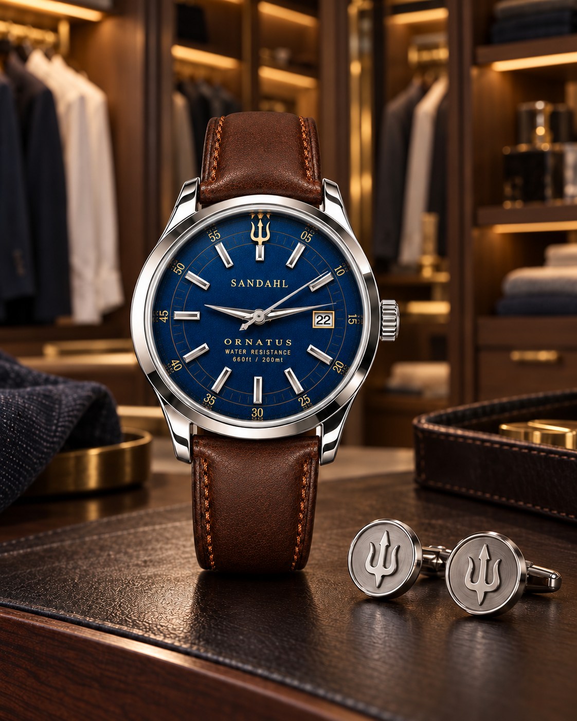 SANDAHL ORNATUS Cobalt watch with a blue dial and brown leather strap beside trident cufflinks in a warmly lit walk-in closet.