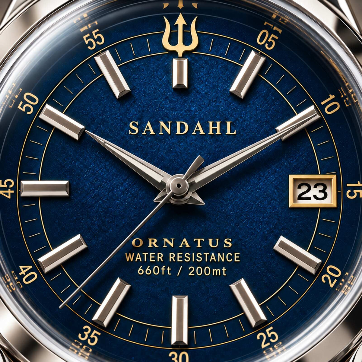 Macro view of the textured blue dial of SANDAHL ORNATUS Cobalt, with polished hands, applied hour markers and a gold trident.