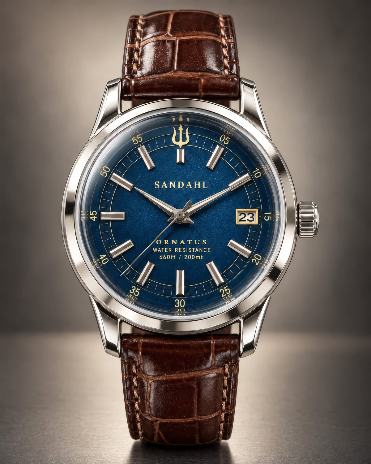 SANDAHL ORNATUS Cobalt with a blue dial, polished steel case and brown crocodile-pattern leather strap, viewed from the front.