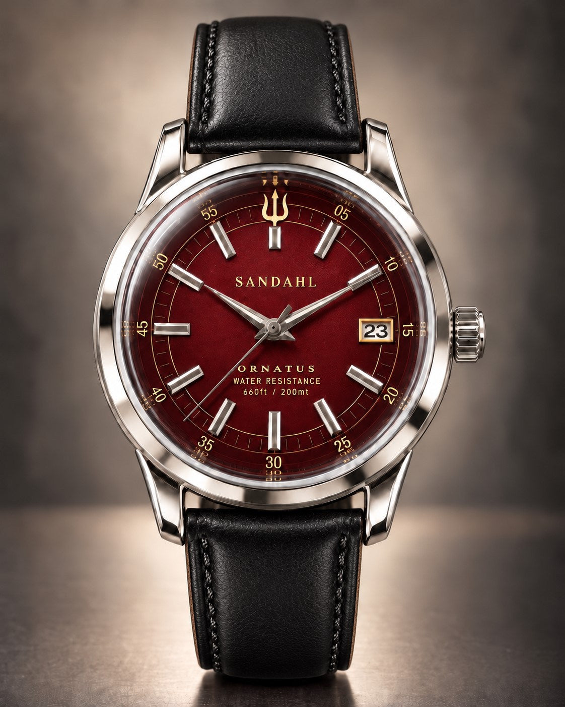 Front view of the SANDAHL ORNATUS Garnet watch with a red dial, polished stainless steel case and black leather strap.