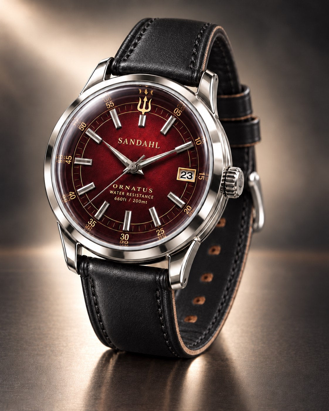 SANDAHL ORNATUS Garnet watch with a red dial, polished stainless steel case and black leather strap.