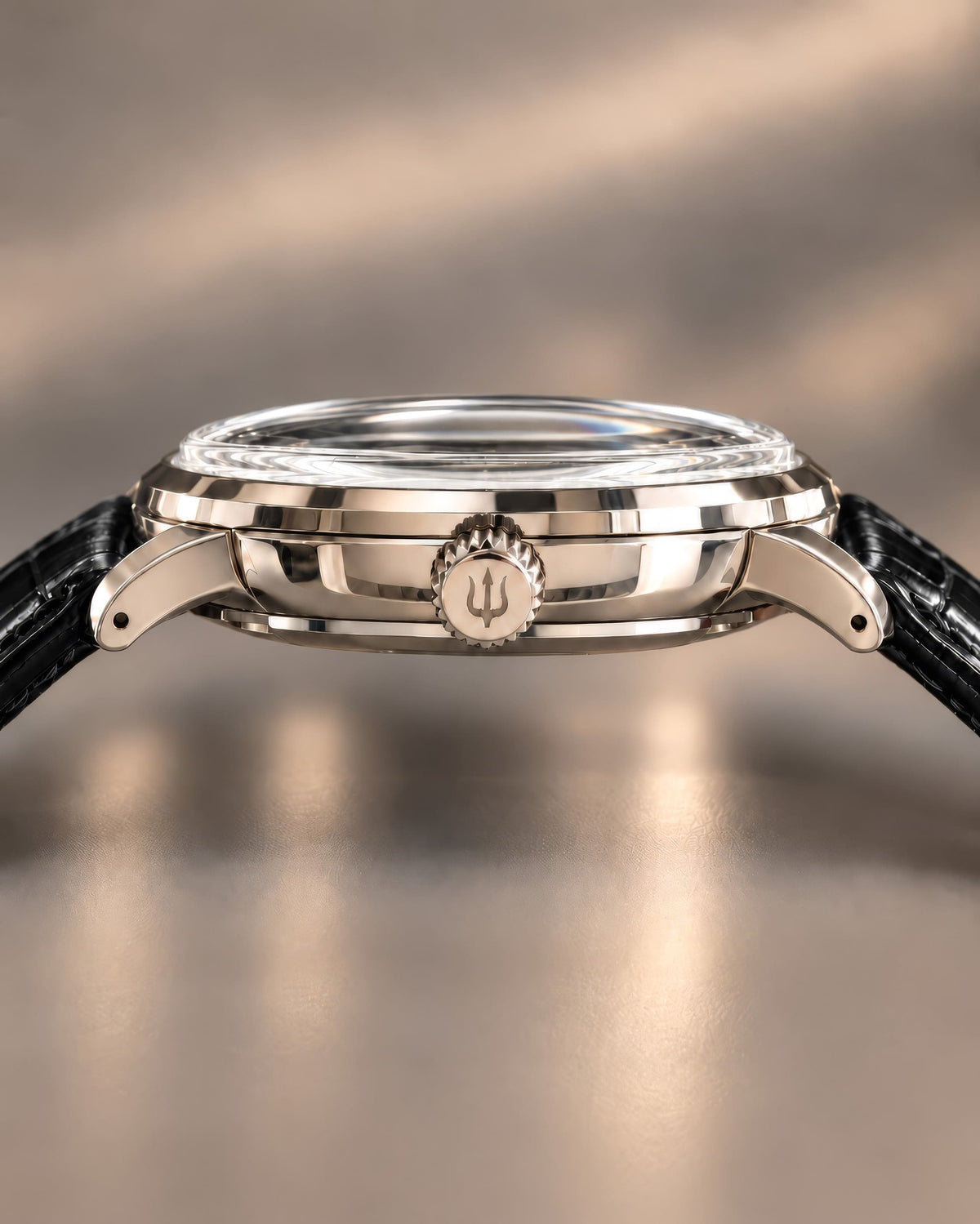 Side profile of SANDAHL ORNATUS Garnet, showing its polished steel case, rounded lugs and trident-engraved crown.