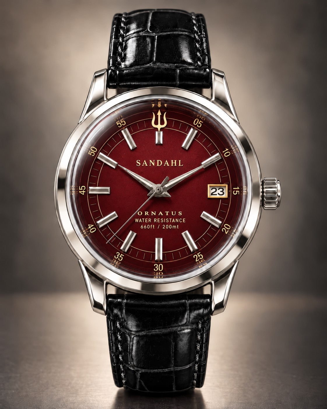 SANDAHL ORNATUS Garnet with a burgundy red dial, polished steel case and black crocodile-pattern leather strap, viewed from the front.