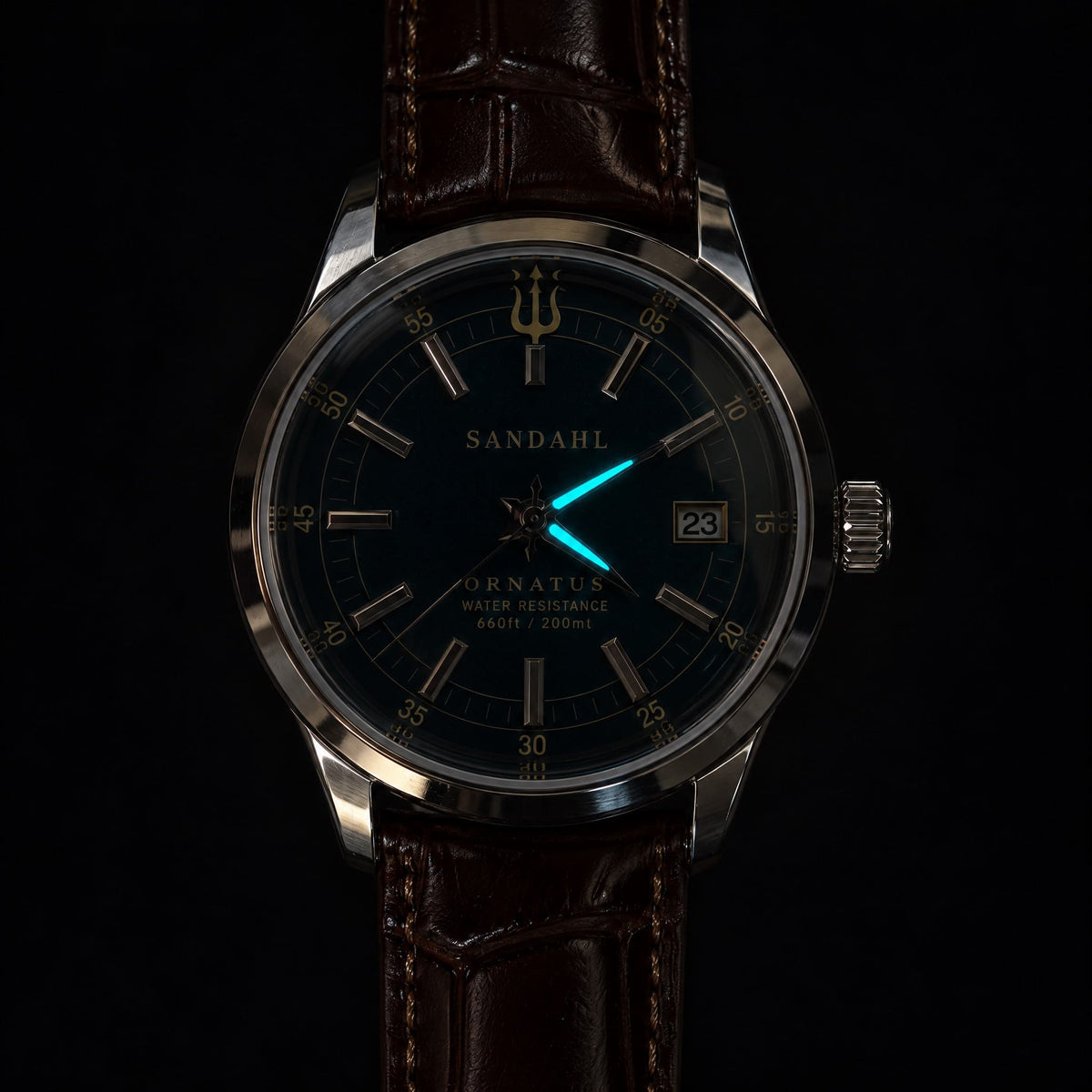 SANDAHL ORNATUS watch with luminous hands and a brown leather strap against a dark background.