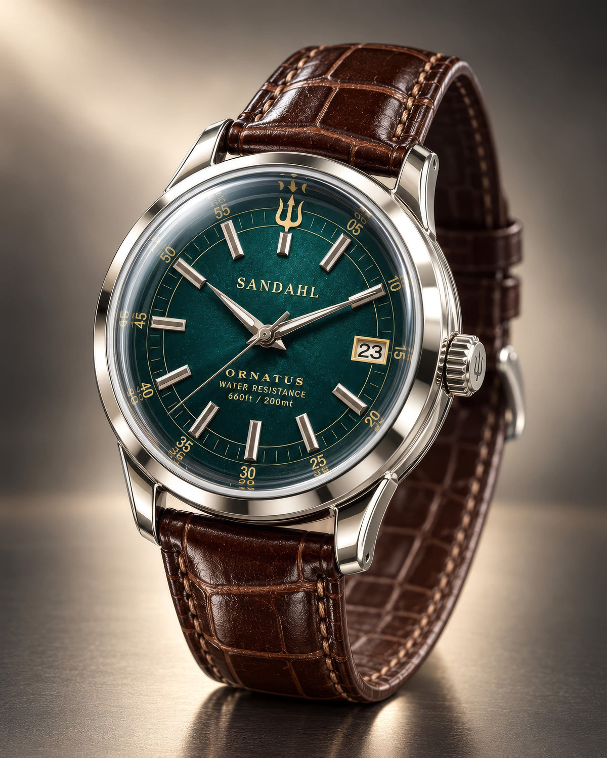 SANDAHL ORNATUS Malachite with a green dial, polished steel case and brown crocodile-pattern leather strap, viewed at an angle.