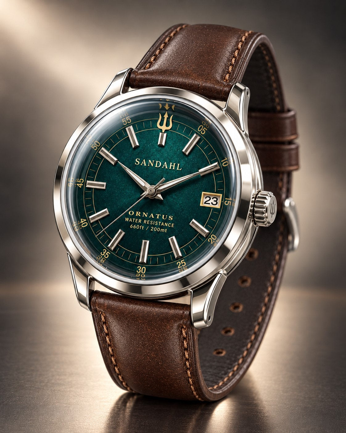 SANDAHL ORNATUS Malachite watch with a green dial, polished stainless steel case and brown leather strap.