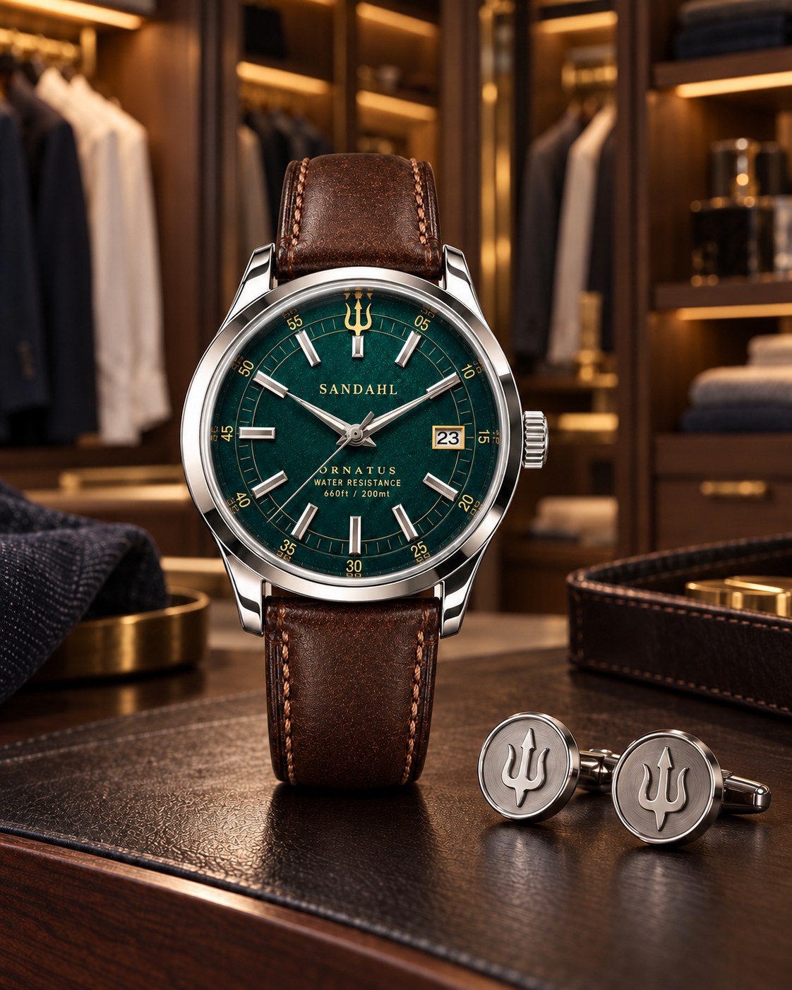 SANDAHL ORNATUS Malachite watch with a green dial and brown leather strap beside trident cufflinks in a warmly lit walk-in closet.