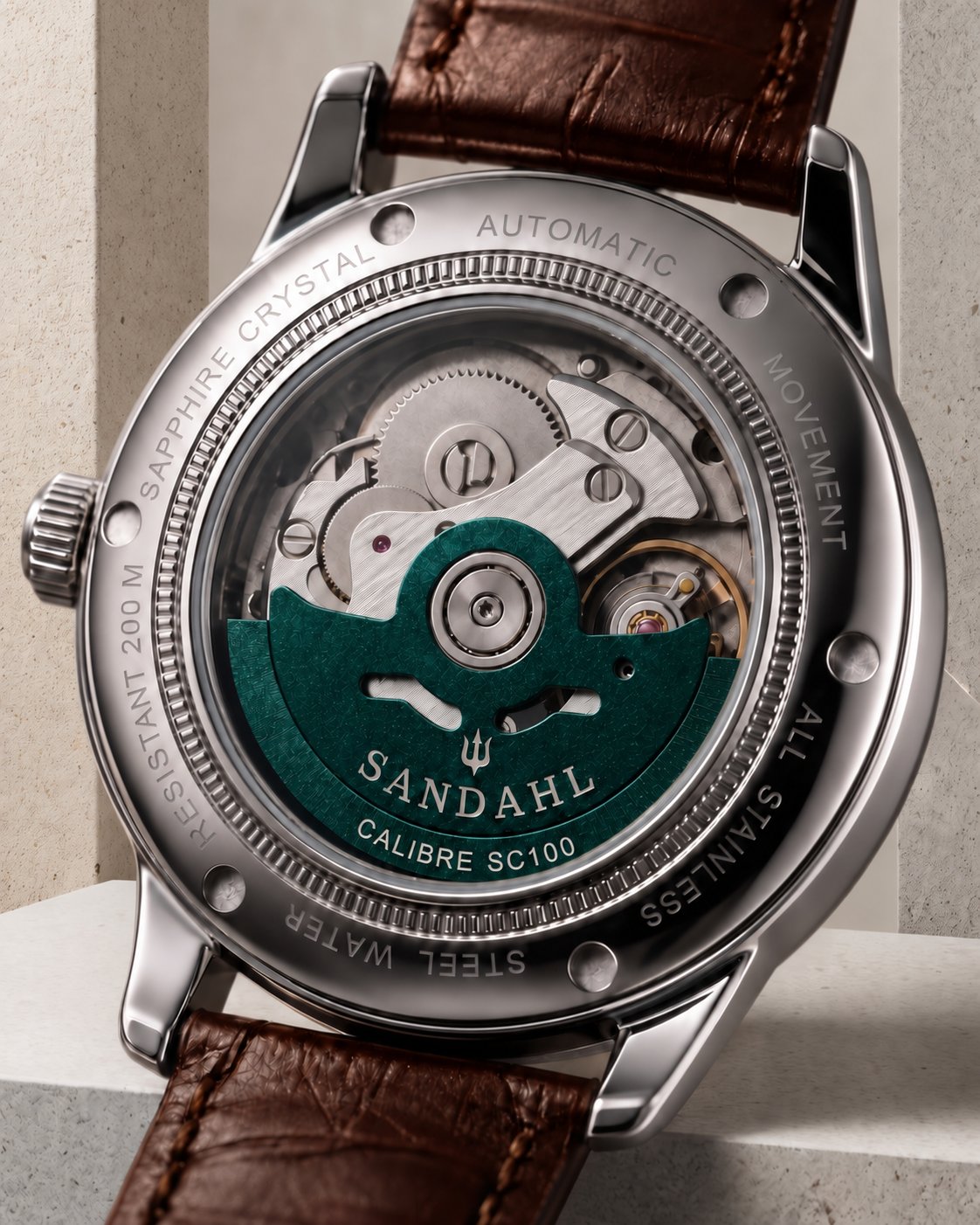 SANDAHL ORNATUS Malachite exhibition caseback showing the automatic movement and green rotor engraved CALIBRE SC100.