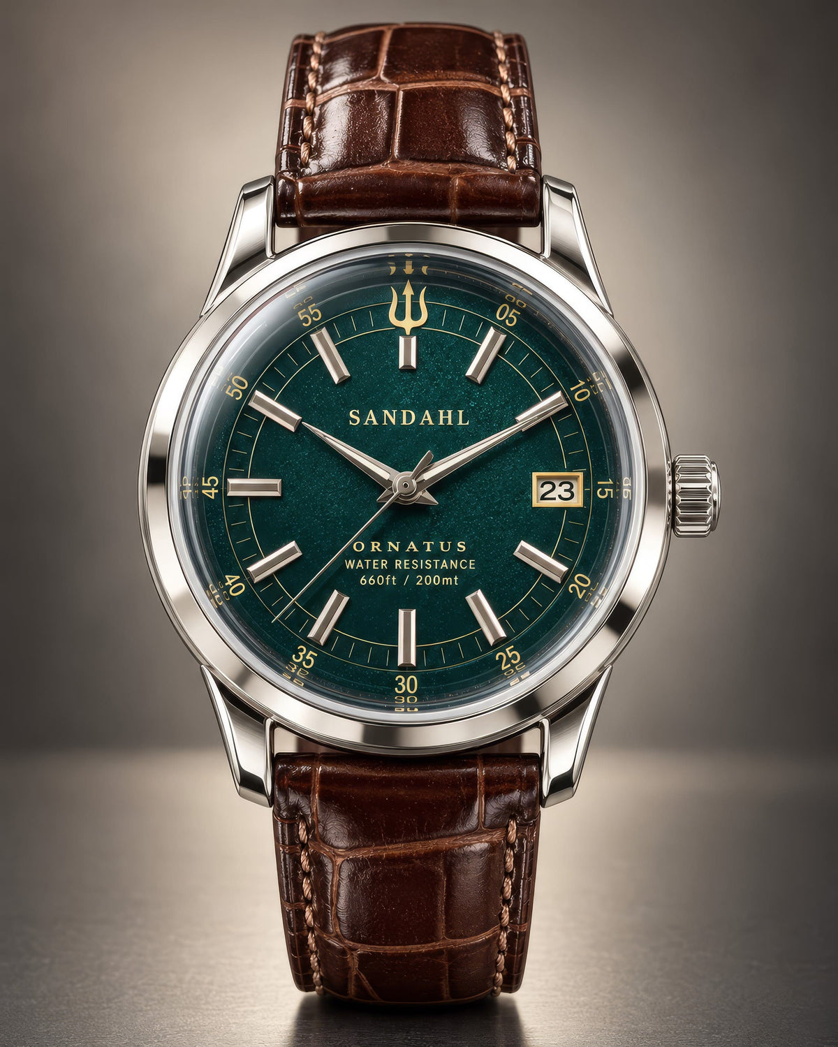 SANDAHL ORNATUS Malachite with a green dial, polished steel case and brown crocodile-pattern leather strap, viewed from the front.