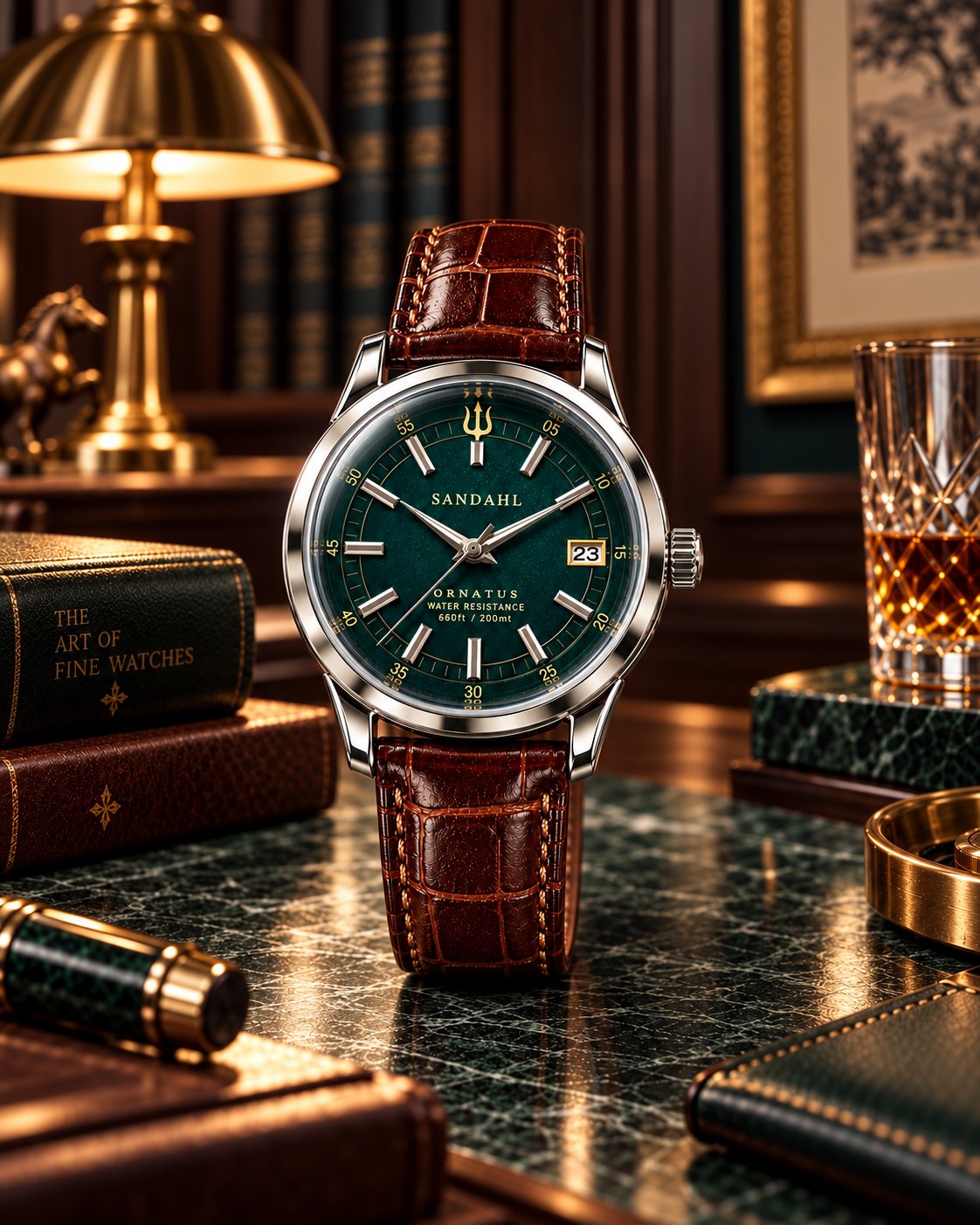 SANDAHL ORNATUS Malachite with a green dial and brown leather strap on green marble beside books and a brass lamp.
