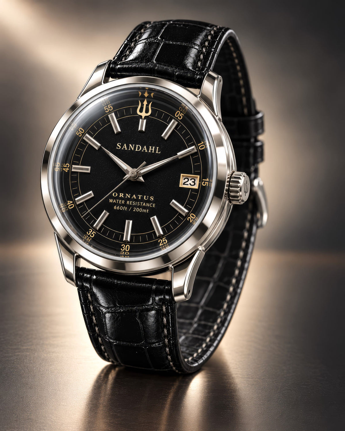 SANDAHL ORNATUS Onyx with a black dial, polished steel case and black crocodile-pattern leather strap, viewed at an angle.