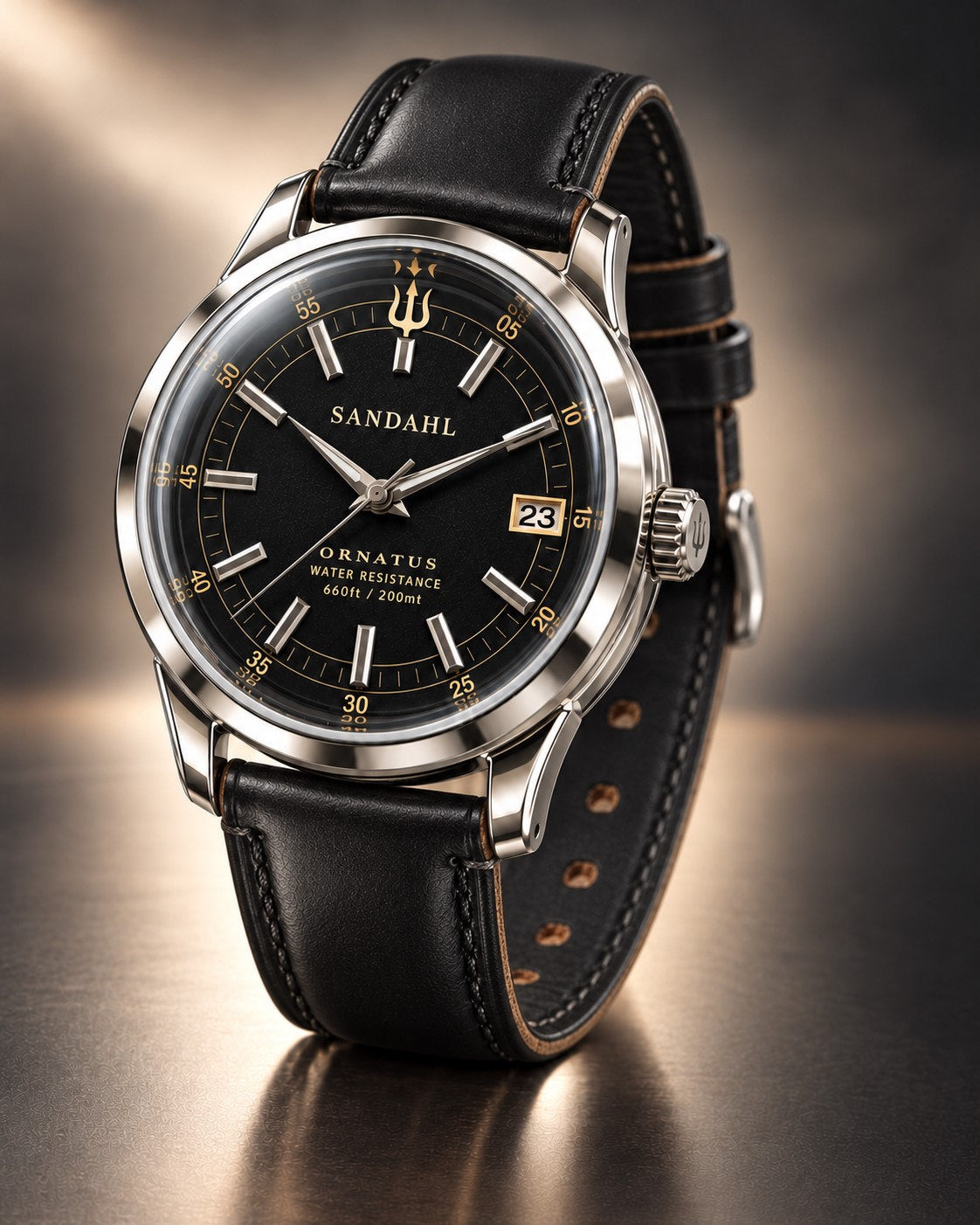 SANDAHL ORNATUS Onyx watch with a black dial, polished stainless steel case and black leather strap.