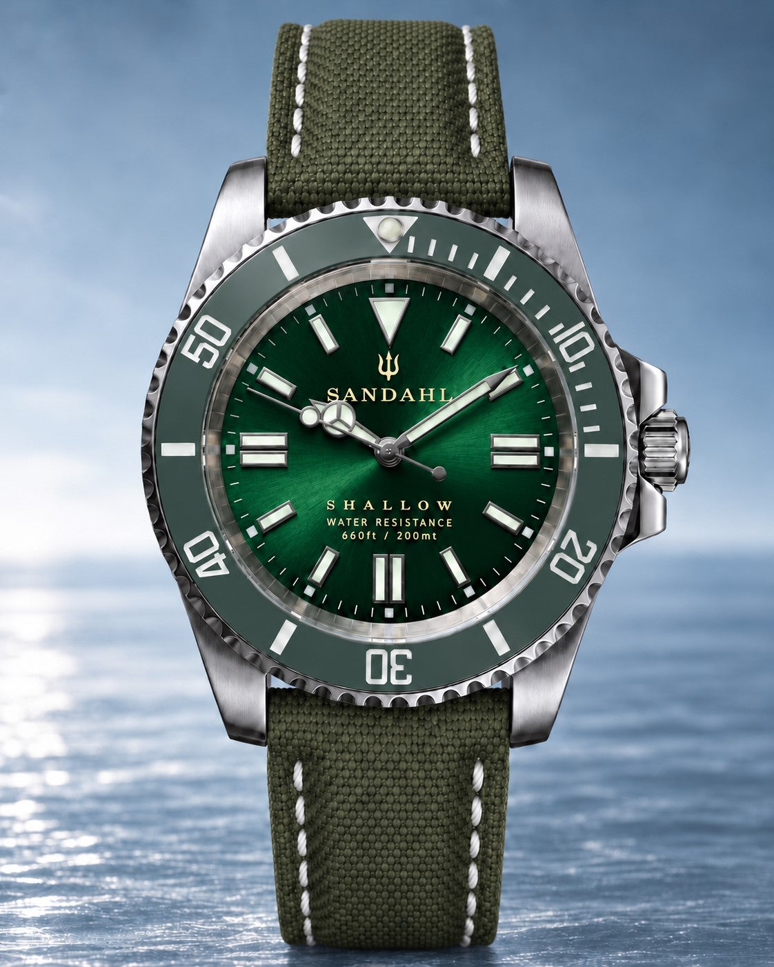 SANDAHL SHALLOW Archipelago Green watch with green sailcloth strap shown from the front