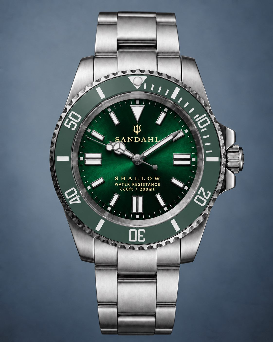 SANDAHL SHALLOW Archipelago Green watch with stainless steel bracelet shown from the front