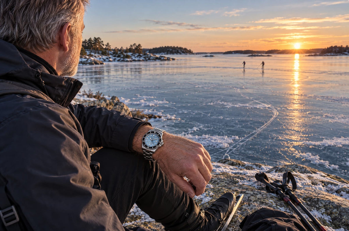 SANDAHL SHALLOW Glacial Blue worn beside a frozen bay during an ice-skating outing in the Swedish archipelago.