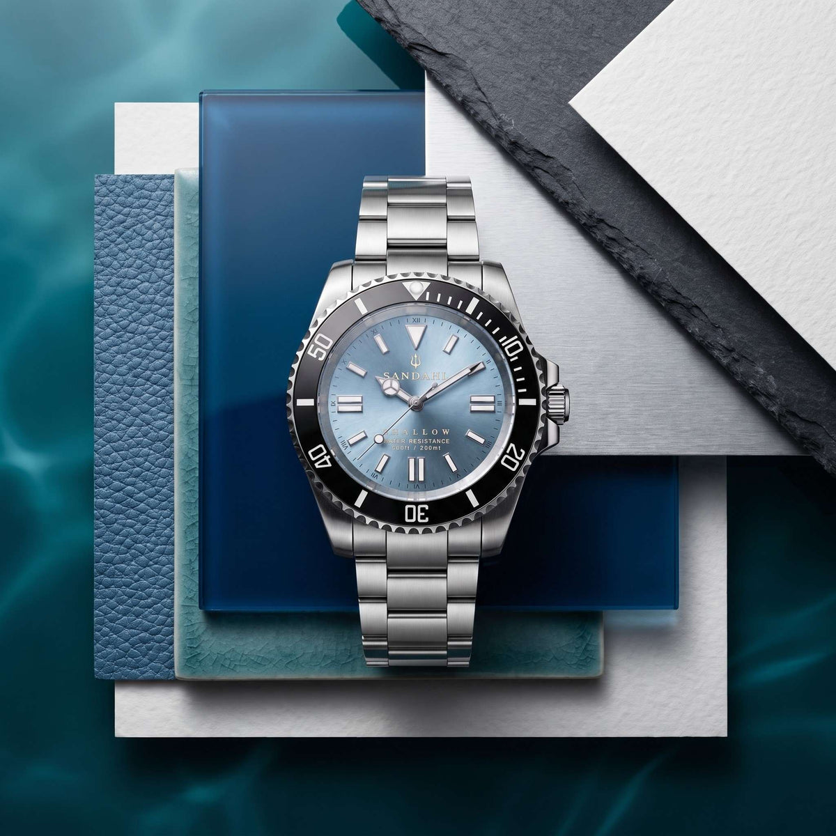 SANDAHL SHALLOW Glacial Blue stainless steel dive watch with ice blue sunburst dial in layered material composition