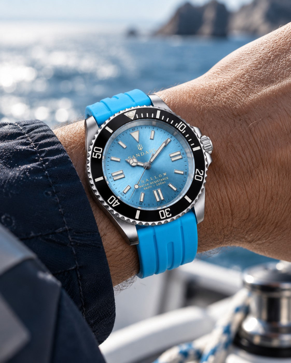 SANDAHL SHALLOW Glacial Blue with a bright blue rubber strap, worn aboard a boat by rocky islands.