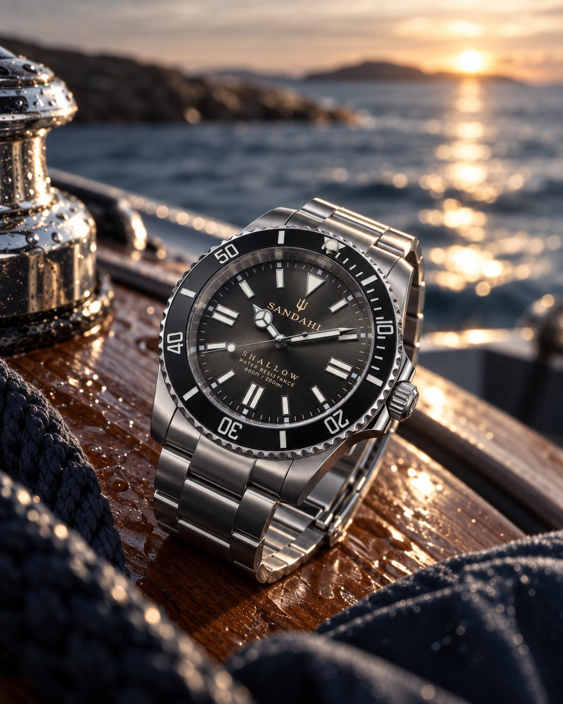 SANDAHL SHALLOW Granite Grey with a steel bracelet, worn aboard a sailboat in the archipelago at sunset.