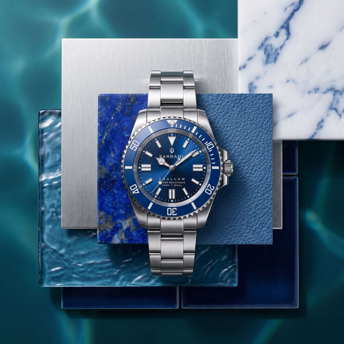 SANDAHL SHALLOW Kattegatt Blue stainless steel dive watch with blue sunburst dial in layered material composition