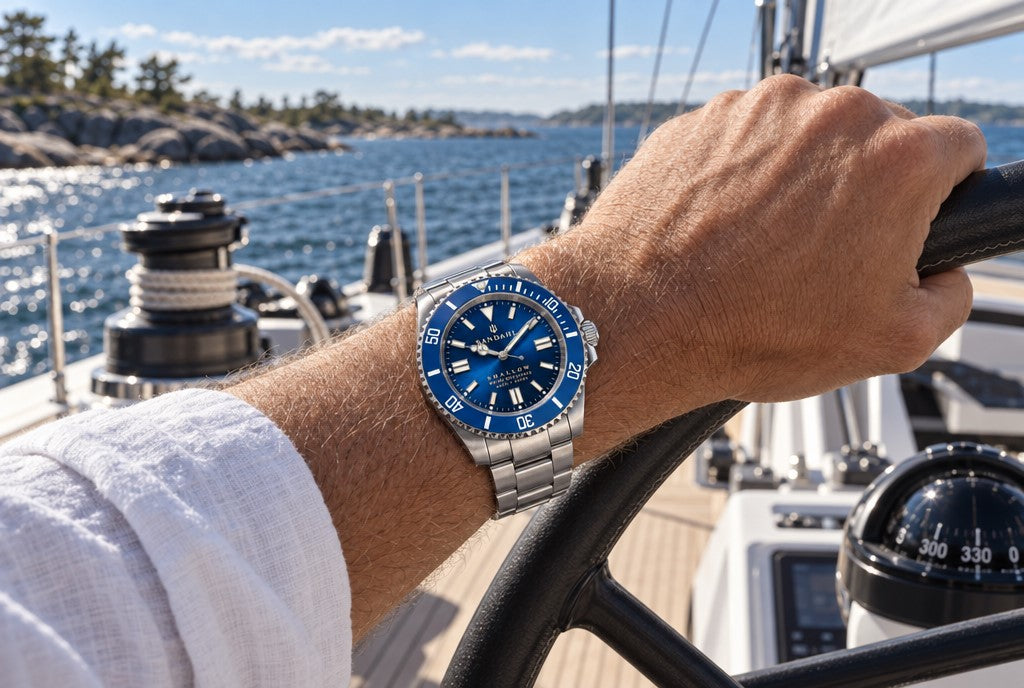 SANDAHL SHALLOW Kattegatt Blue worn at the helm of a sailboat in the Swedish archipelago.