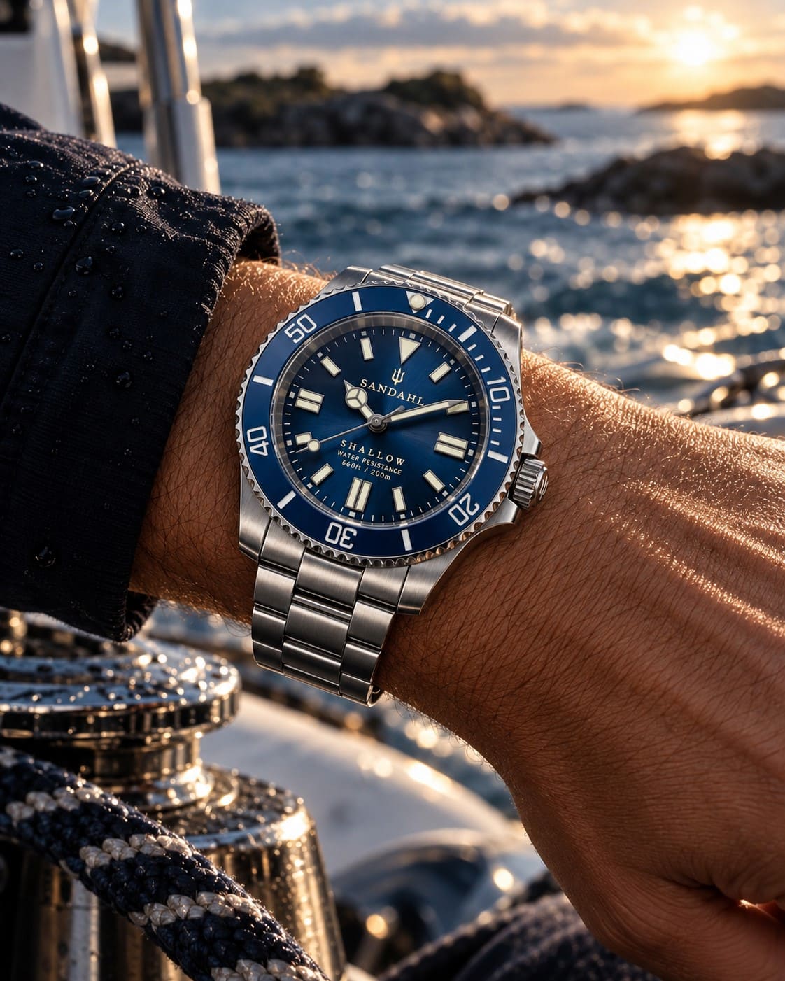 SANDAHL SHALLOW Kattegatt Blue with a steel bracelet, worn aboard a sailboat in the archipelago at sunset.