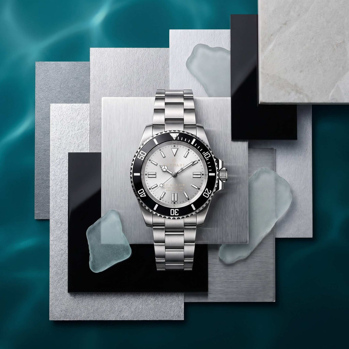 SANDAHL SHALLOW Sea Mist Silver stainless steel dive watch with silver sunburst dial in layered material composition