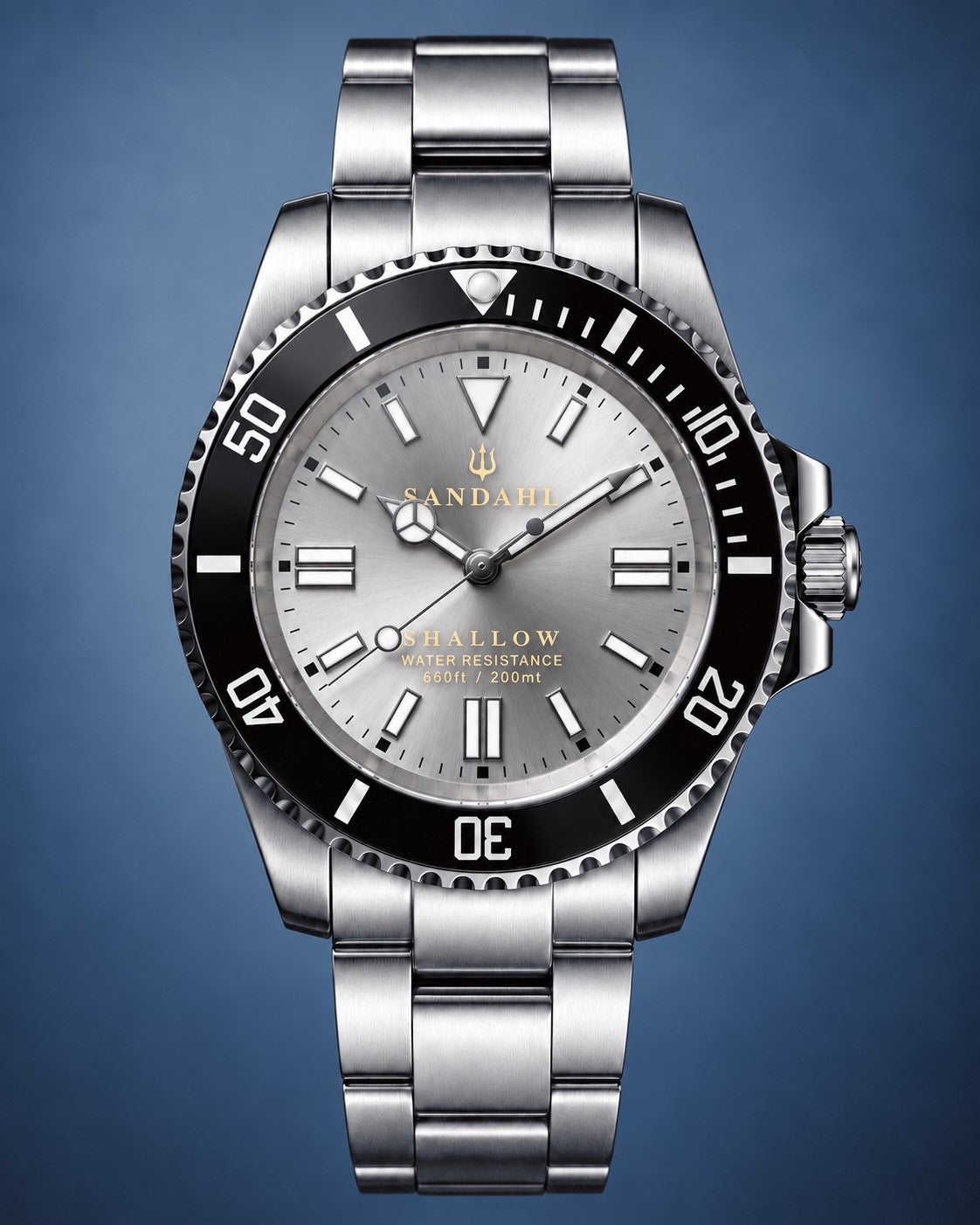 SANDAHL SHALLOW Sea Mist Silver dive watch with silver sunburst dial, black bezel and stainless steel bracelet