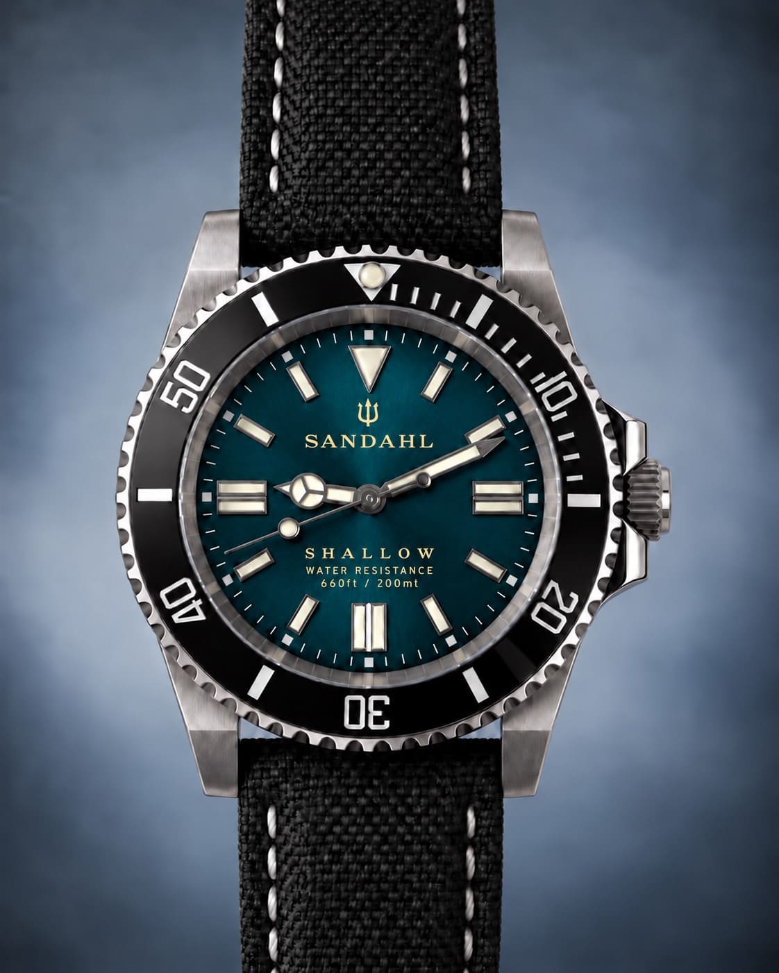 SANDAHL SHALLOW Skagerrak Teal dive watch with teal sunburst dial and black sailcloth strap, front view.