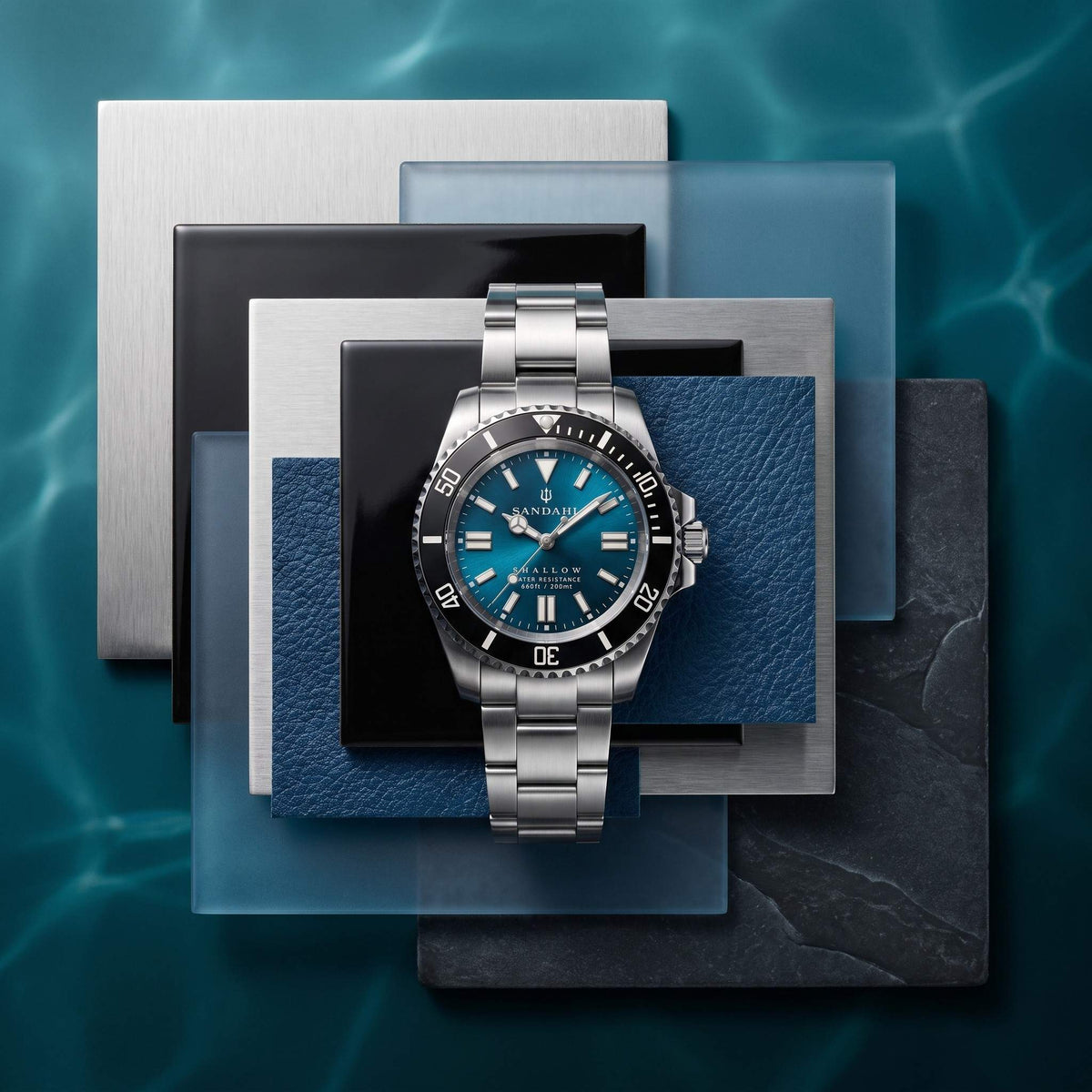 SANDAHL SHALLOW Skagerrak Teal stainless steel dive watch with teal sunburst dial in layered material composition