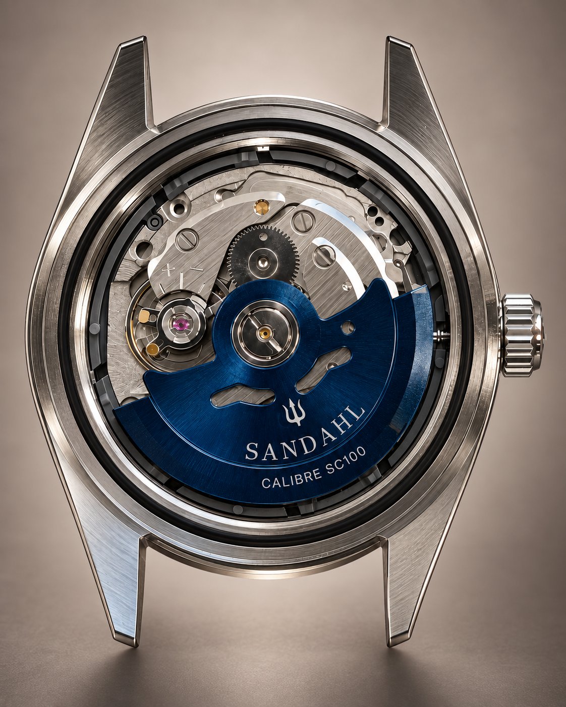 SANDAHL SUITS stainless steel watch without a strap or caseback, showing the blue rotor engraved CALIBRE SC100 against a warm taupe background.