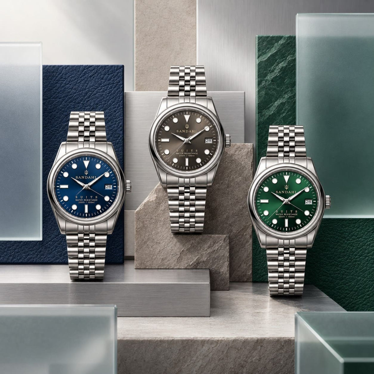 SANDAHL SUITS collection featuring Midnight Navy, Savile Taupe and Regent Green dress watches with stainless steel bracelets.