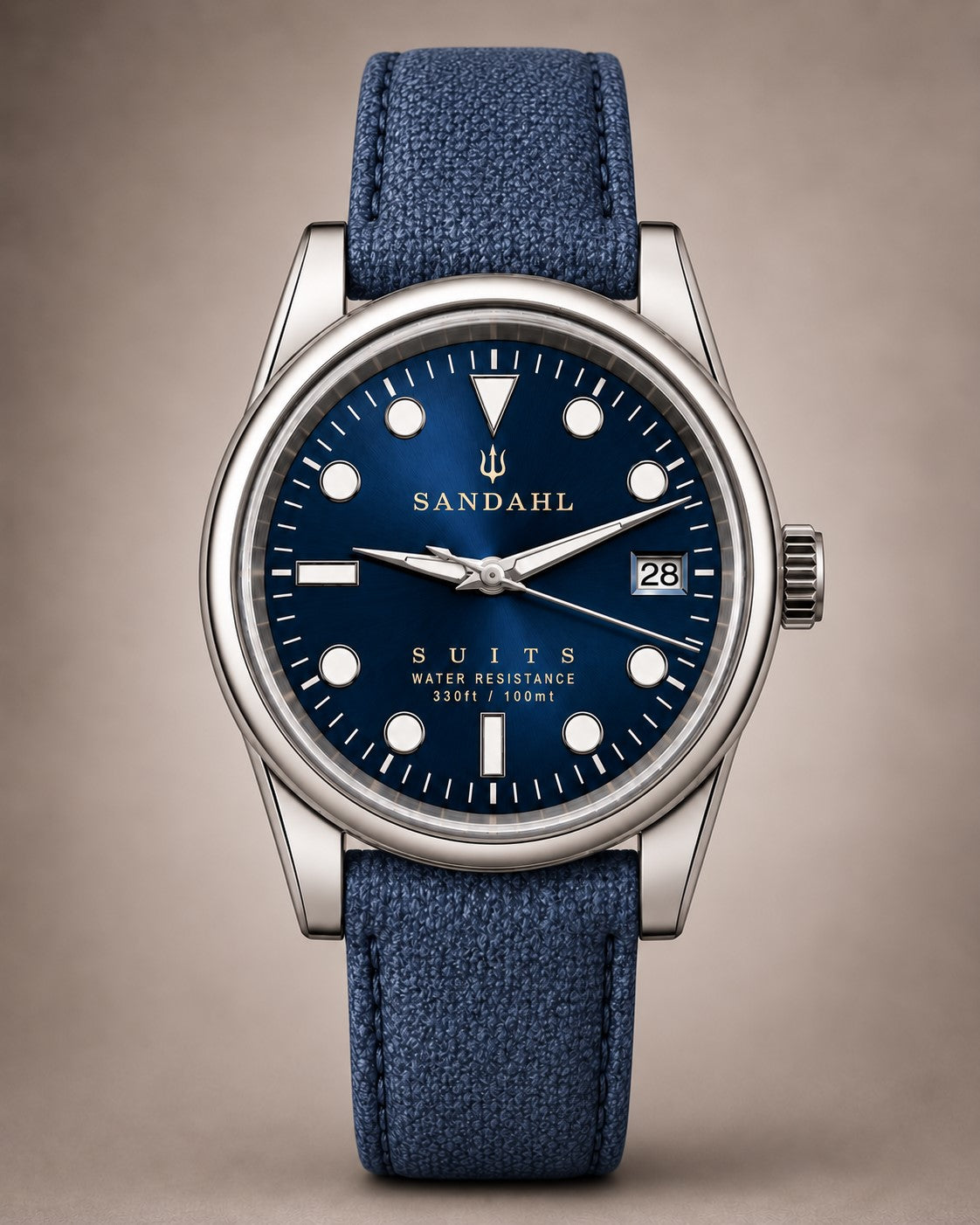SANDAHL SUITS Midnight Navy with a navy blue dial and blue textile strap, viewed from the front.