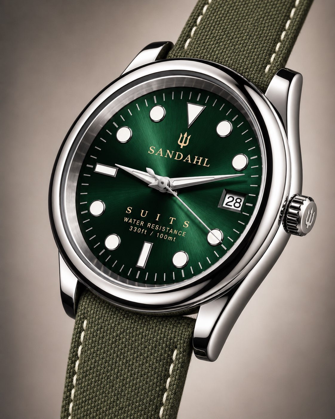SANDAHL SUITS Regent Green with a green dial and olive-green textile strap, viewed at an angle.