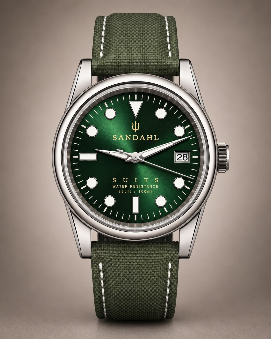 SANDAHL SUITS Regent Green with a green dial and olive-green textile strap, viewed from the front.