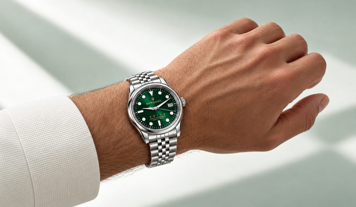 SANDAHL SUITS Regent Green watch with a stainless steel Jubilee bracelet, worn beside a white cuff in soft studio light.