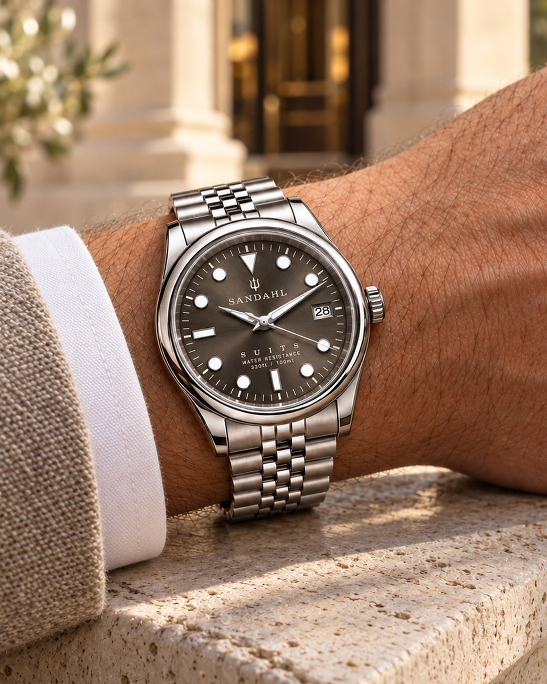 SANDAHL SUITS Savile Taupe with a taupe sunburst dial and Jubilee bracelet, worn on the left wrist with a beige blazer beside a stone balustrade.