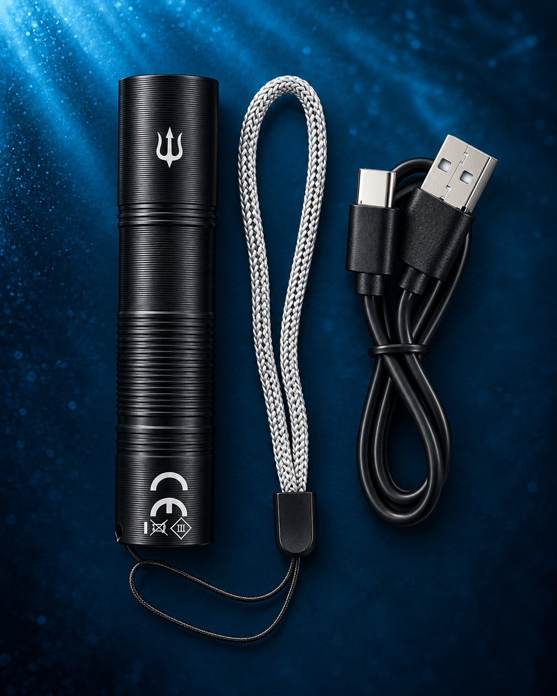 SANDAHL black UV flashlight with silver trident logo, braided wrist strap and USB charging cable, neatly arranged against a deep blue background.
