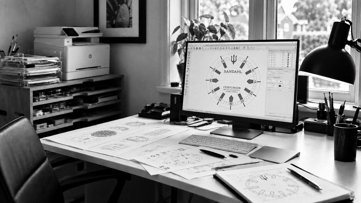 SANDAHL watch design studio with CENTURION dial drawings